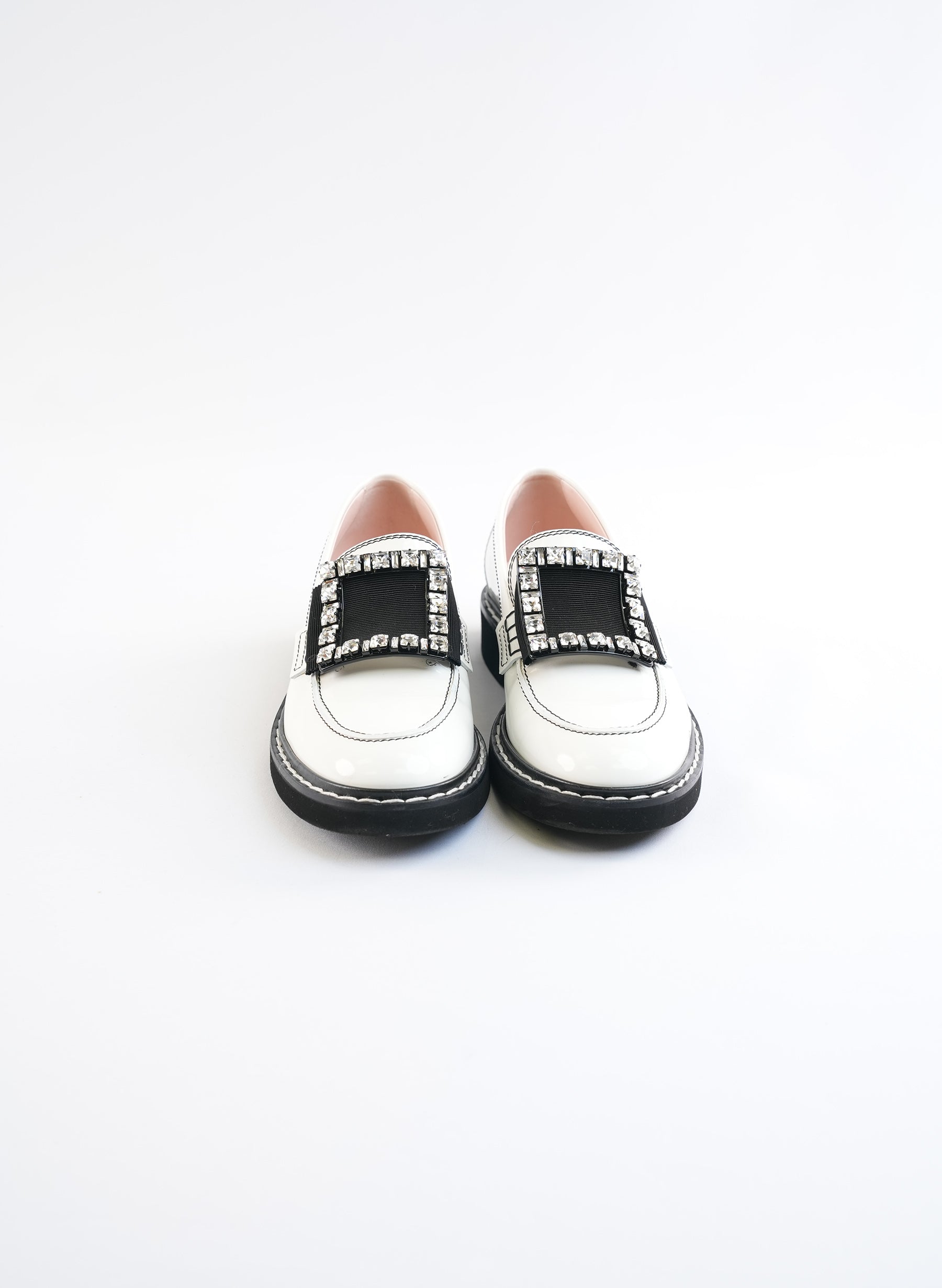 Roger Viver White Patent Crystal Buckle Loafers