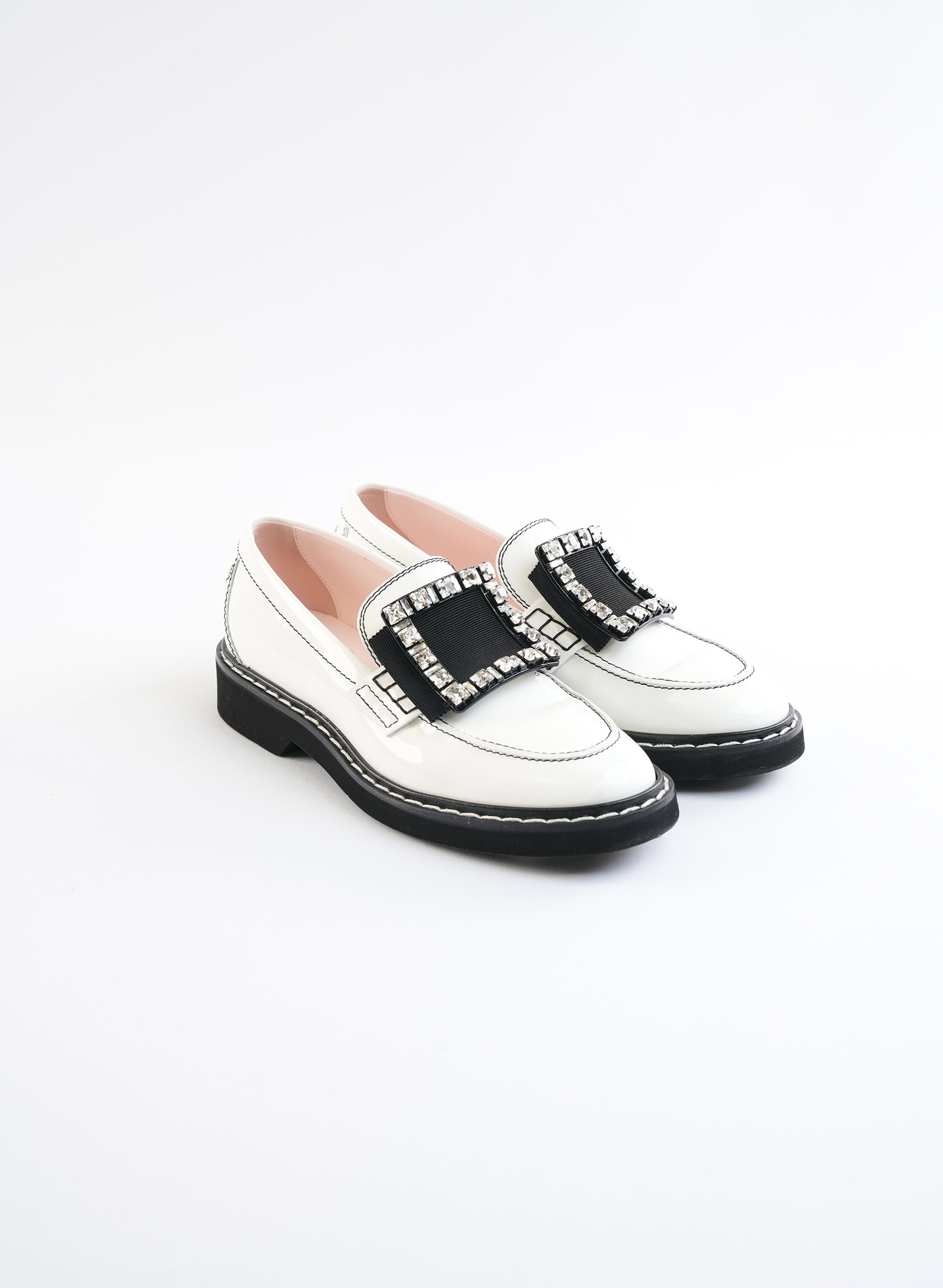 Roger Viver White Patent Crystal Buckle Loafers