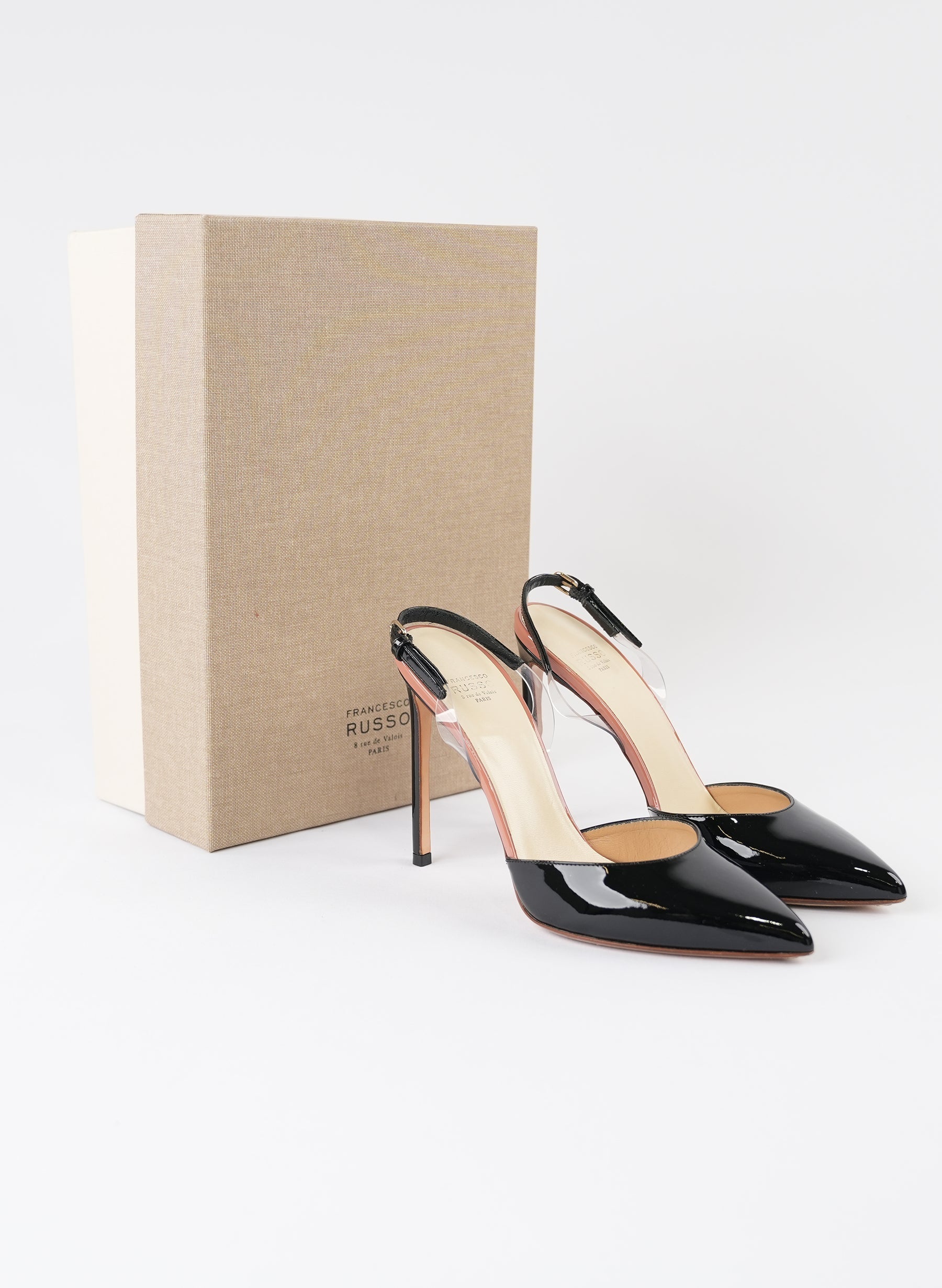 Francesco Russo Black Patent Leather Slingback Pumps