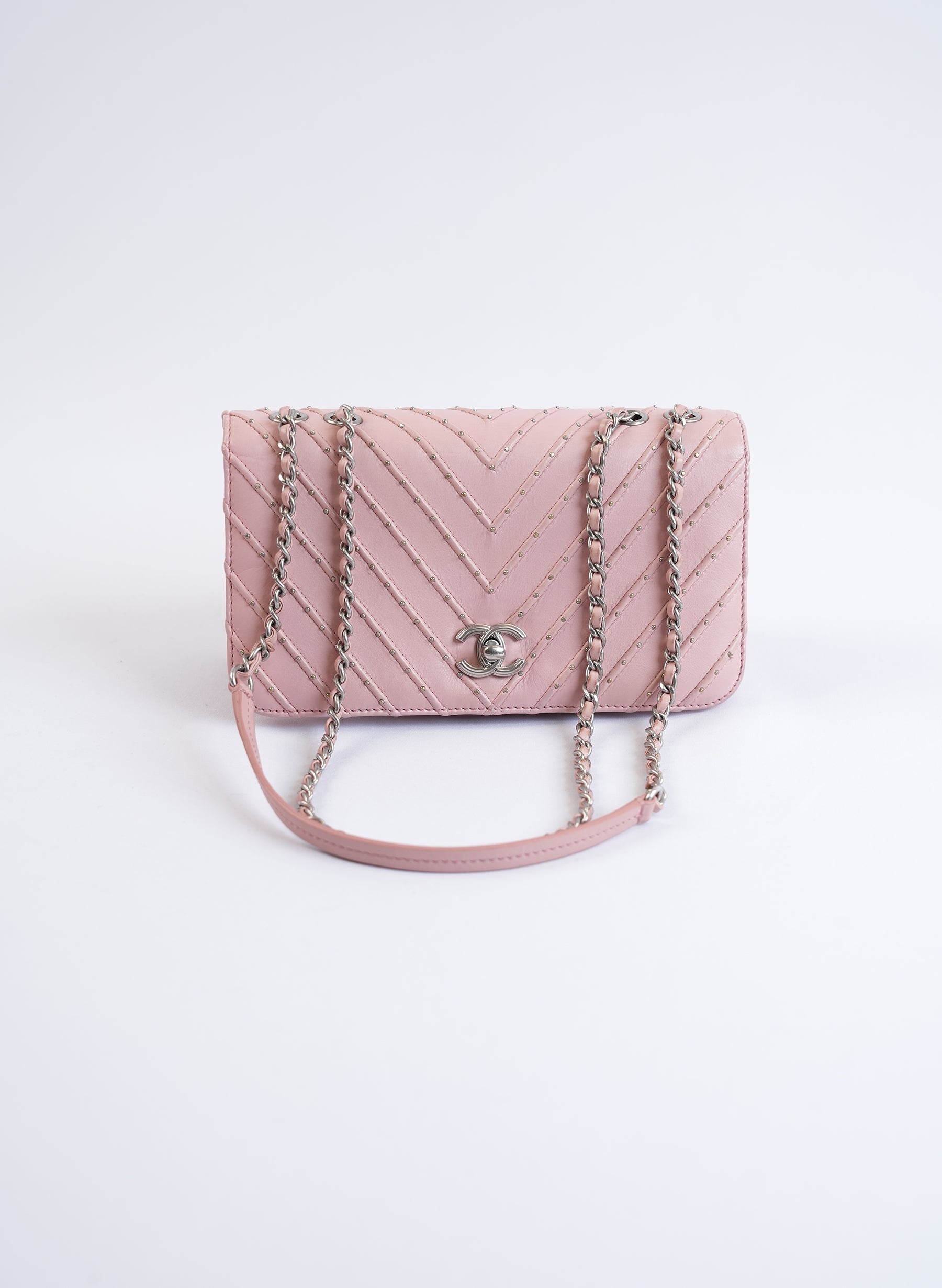 Chanel Pink Chevron CC Studded Flap Bag