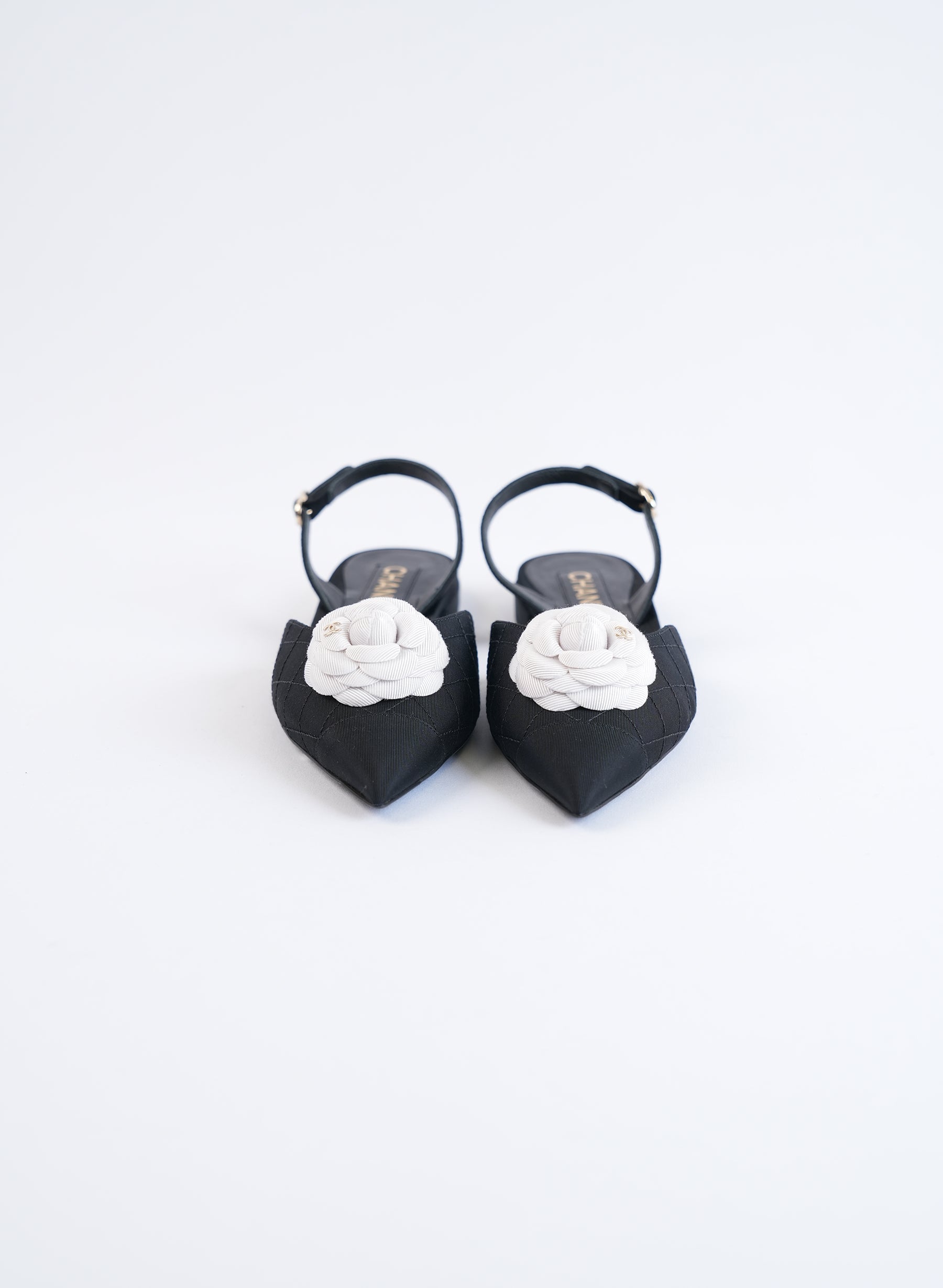 Chanel Quilted Canvas CC Camelia Slingback Flats