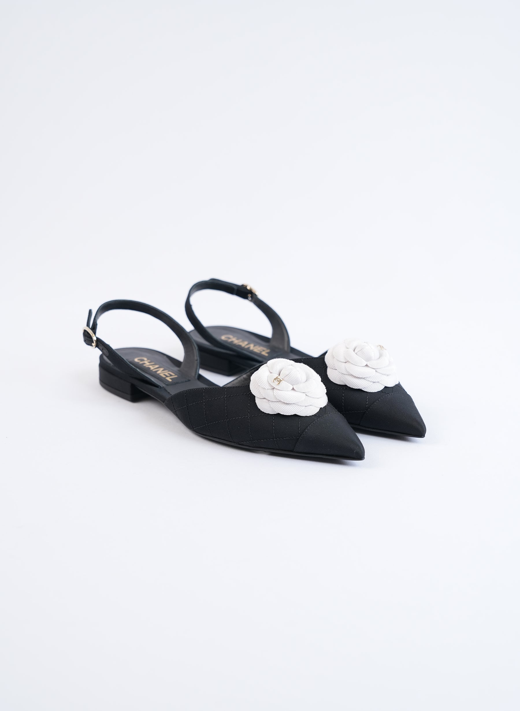 Chanel Quilted Canvas CC Camelia Slingback Flats
