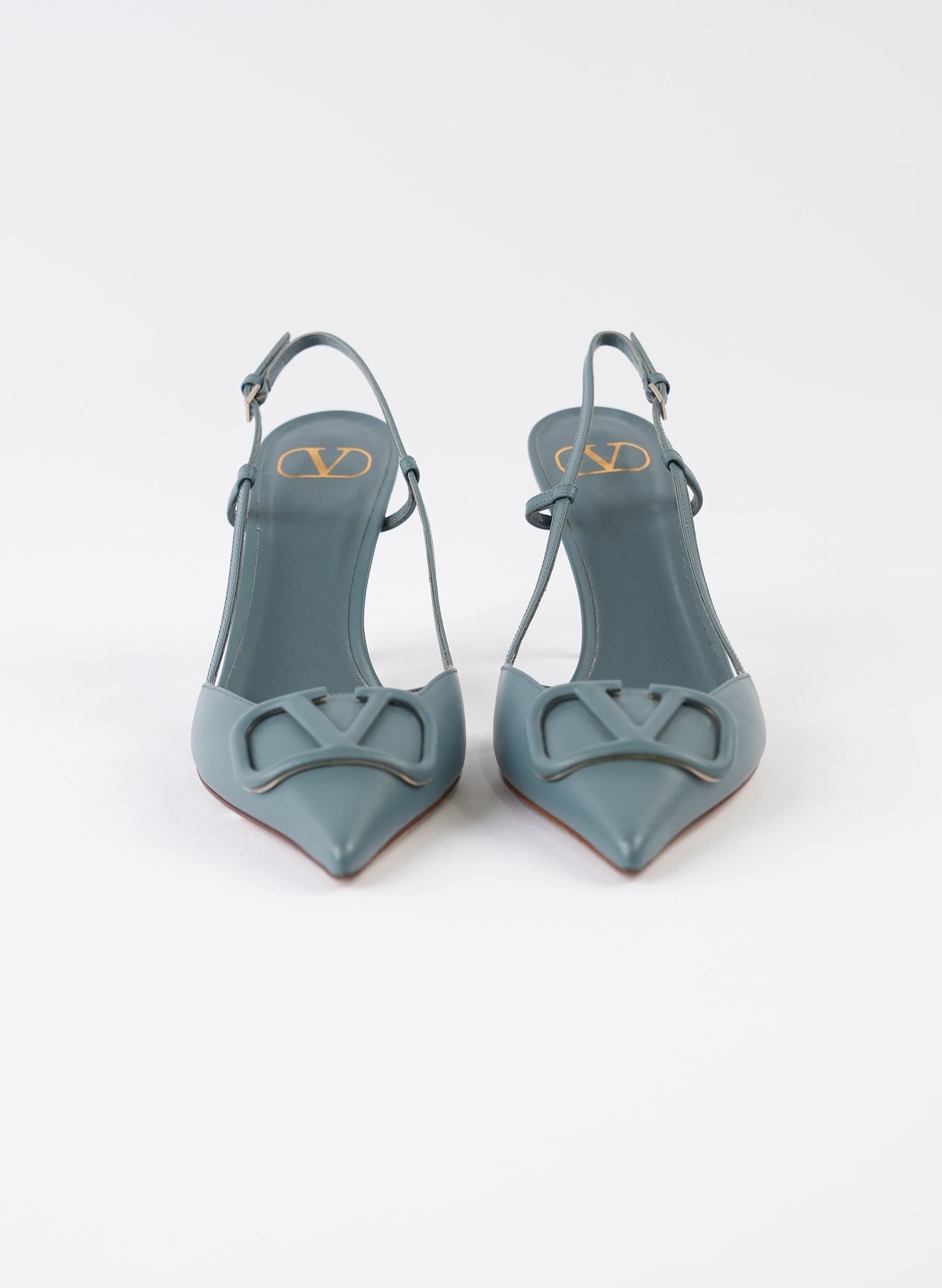Valentino Navy Blue Leather Escape V Logo Slingback Pumps
