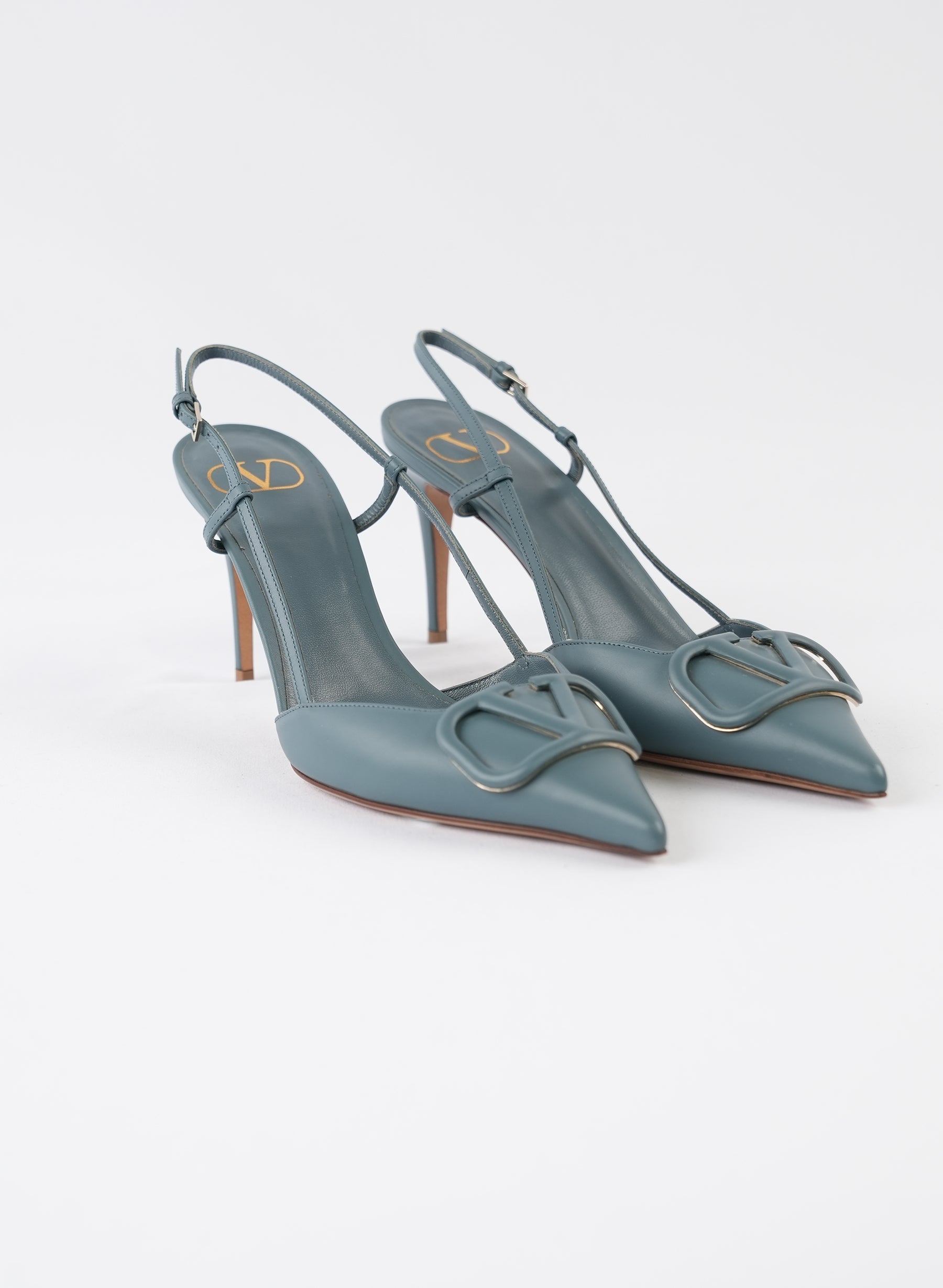 Valentino Navy Blue Leather Escape V Logo Slingback Pumps