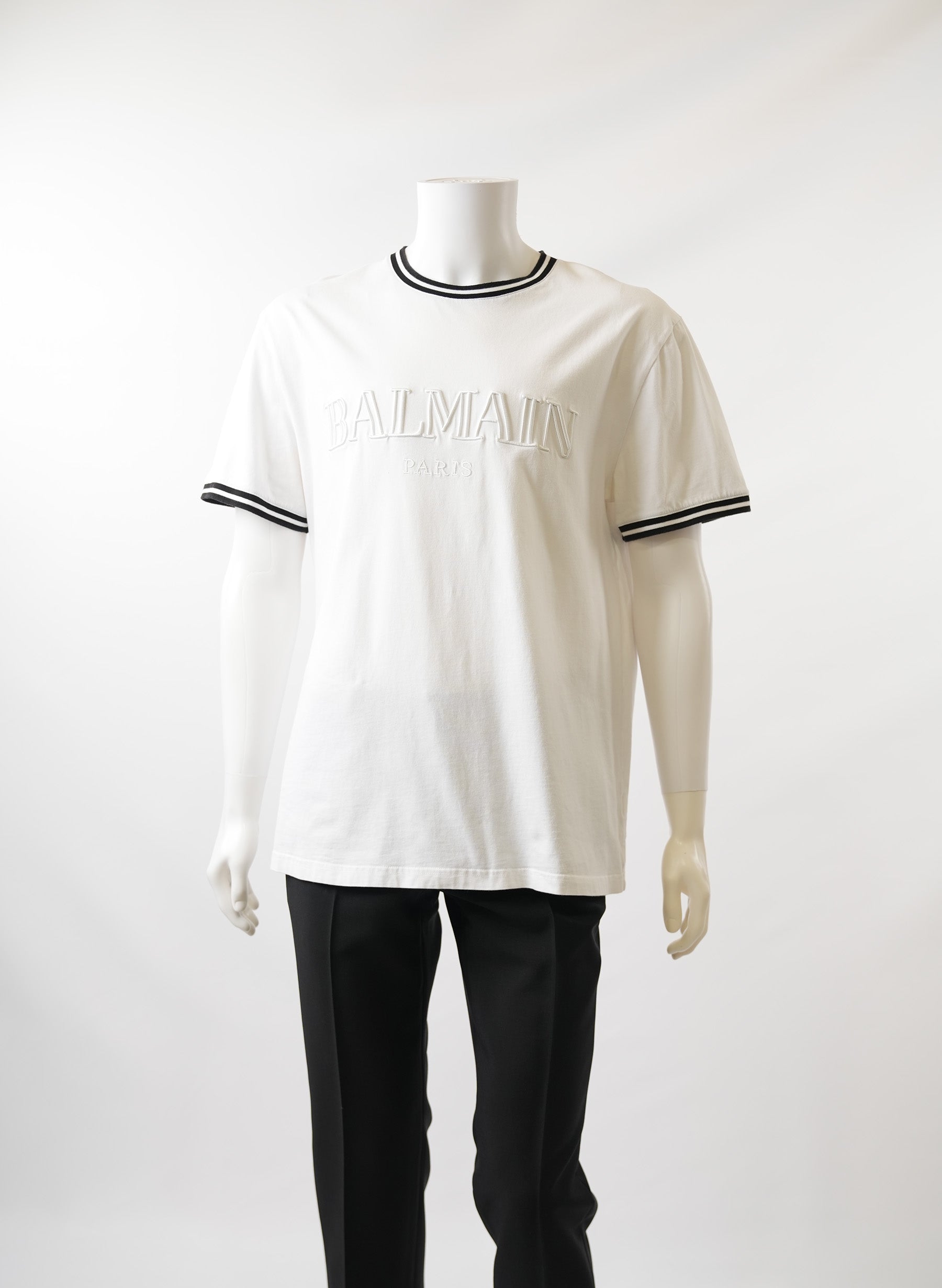 Balmain White Logo T-Shirt With Striped Collar