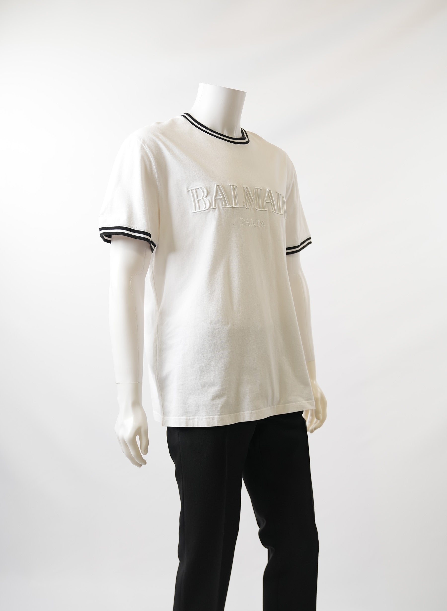 Balmain White Logo T-Shirt With Striped Collar
