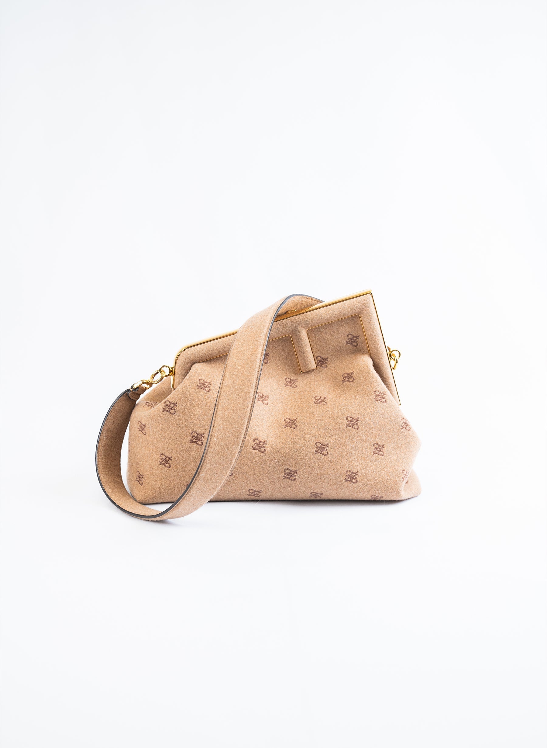 Fendi First Camel Flannel Karligraphy Embroidered Shoulder Bag