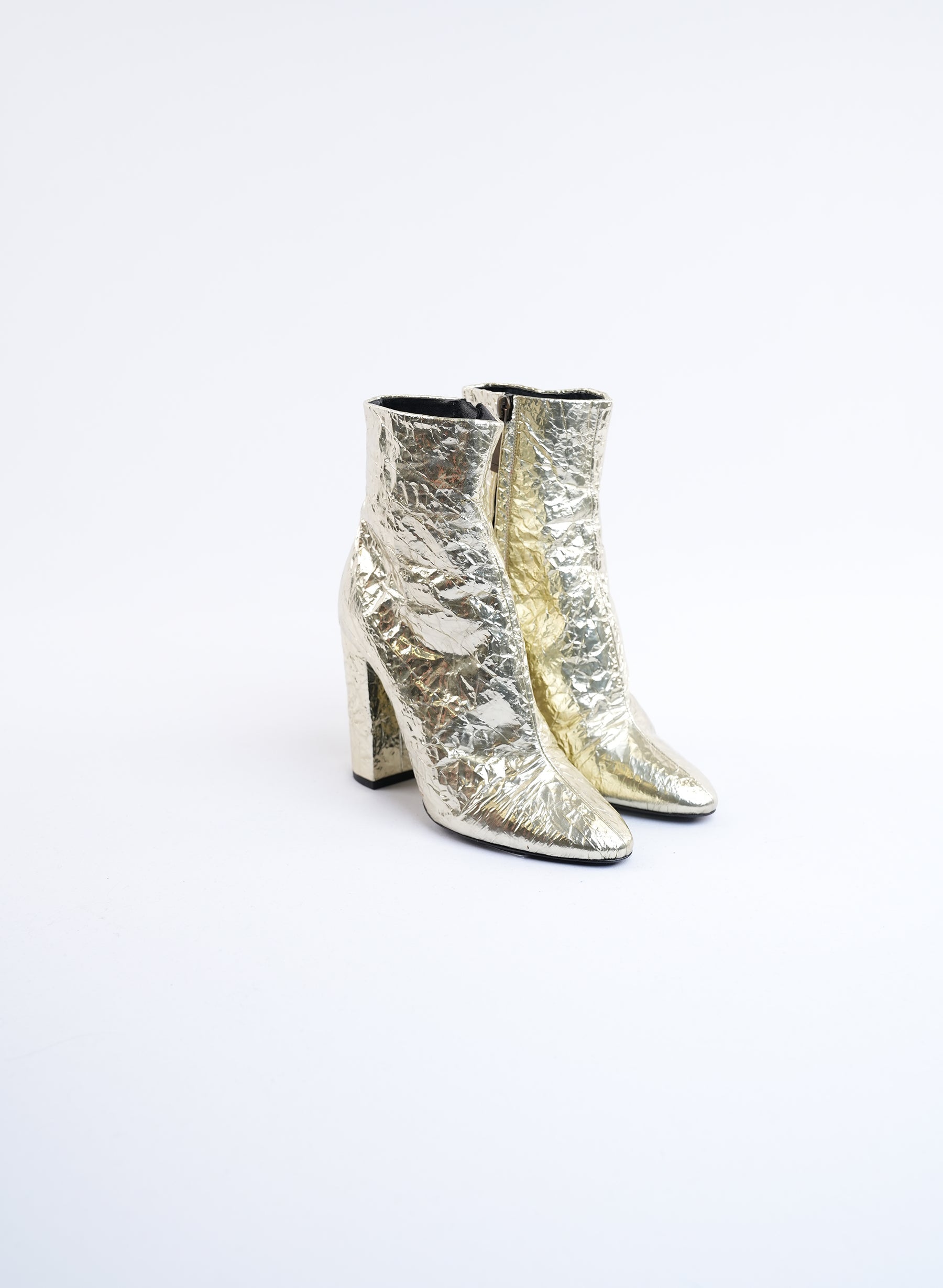 Saint Laurent Lou Crinkle Metallic Ankle Boots