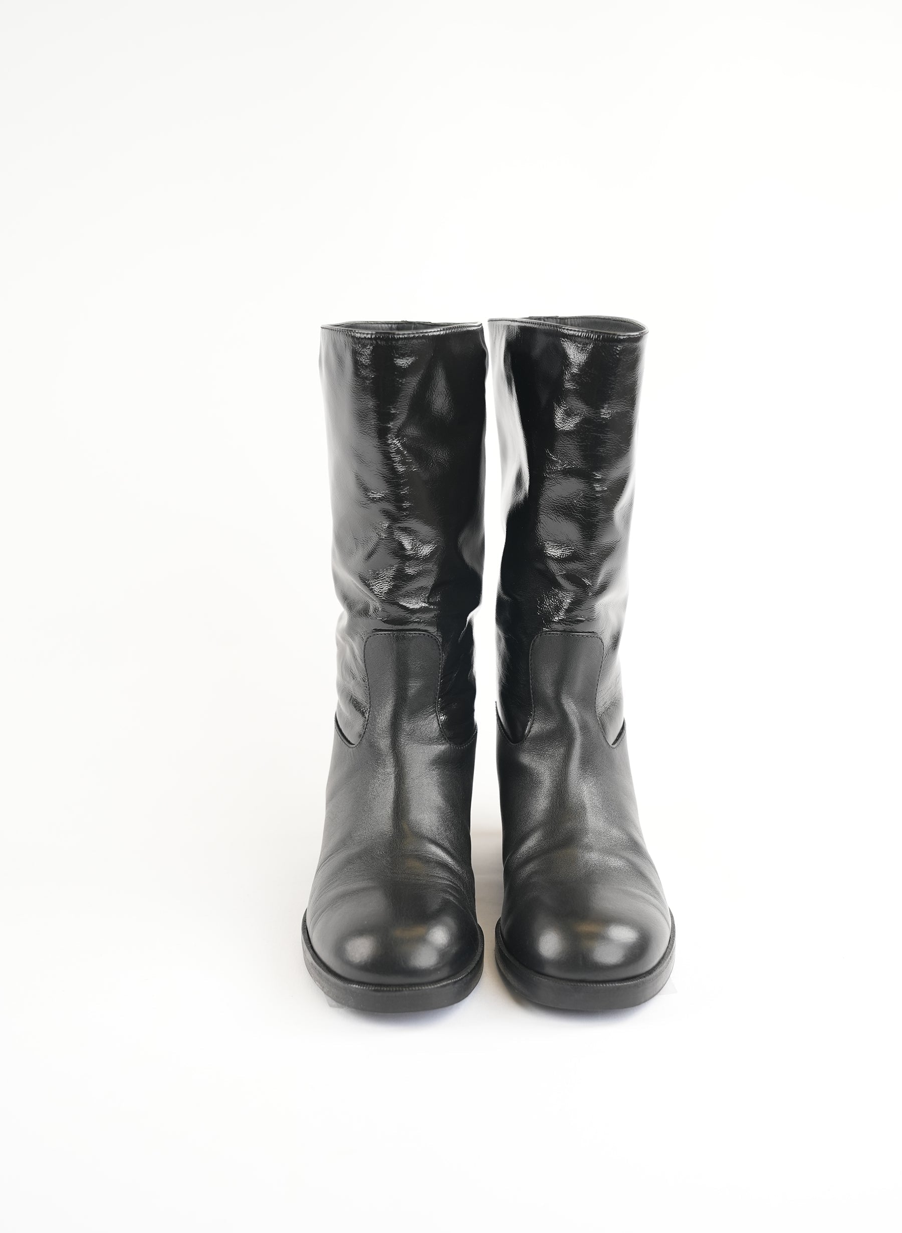 Chanel Calfskin Leather CC Ascot Mid Calf Black Boots