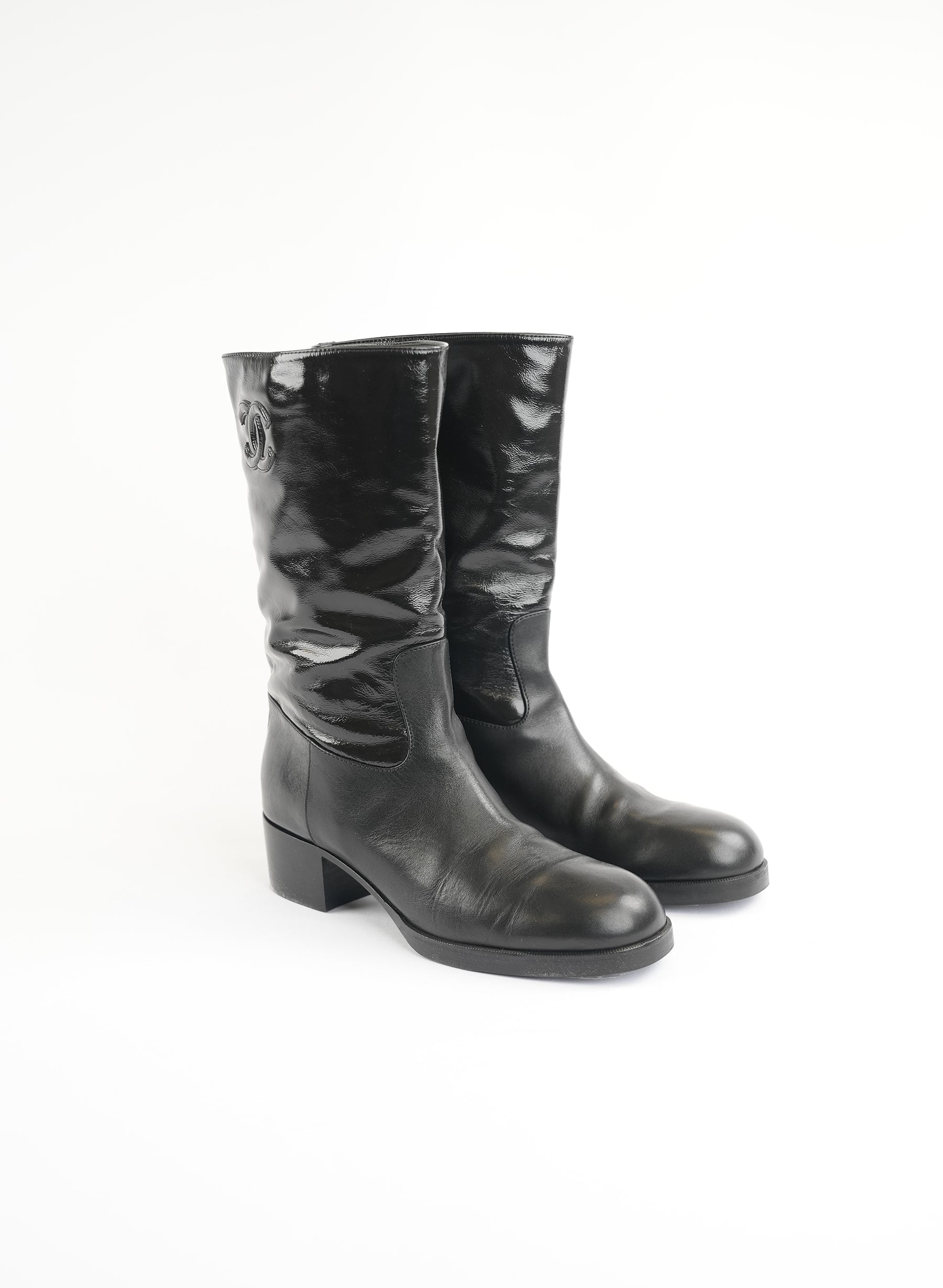 Chanel Calfskin Leather CC Ascot Mid Calf Black Boots